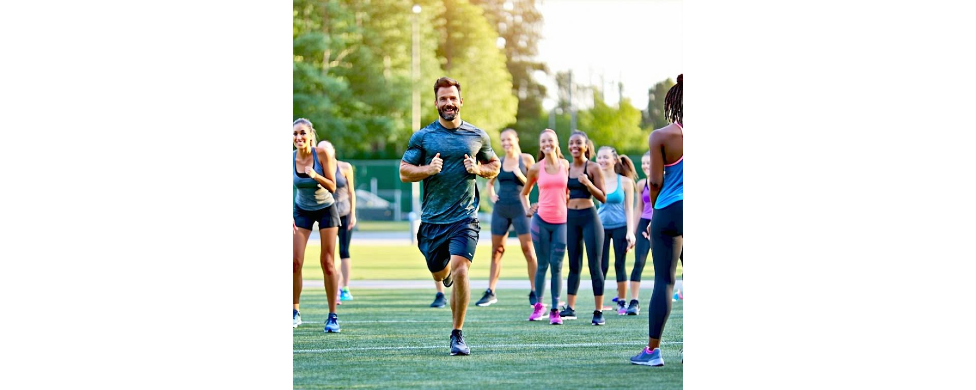 Vue dynamique d'un coach avec un groupe en plein entraînement en extérieur à Lyon